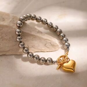 NEW Two-Tone Beaded Heart Charm Toggle Bracelet